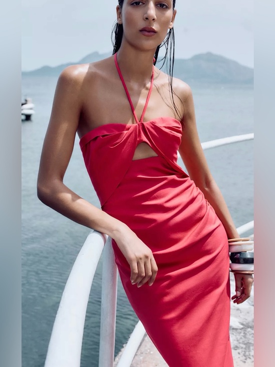Zara Dresses & Skirts - Zara Strapless Red Halter Midi Dress with Front Cutout
